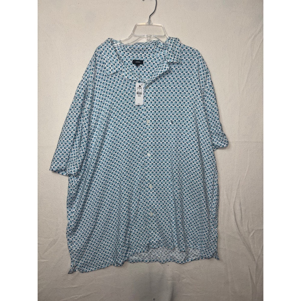 Express Mens XXL Tall Blue Green‎ Geometric Square Short Sleeve Button Shirt